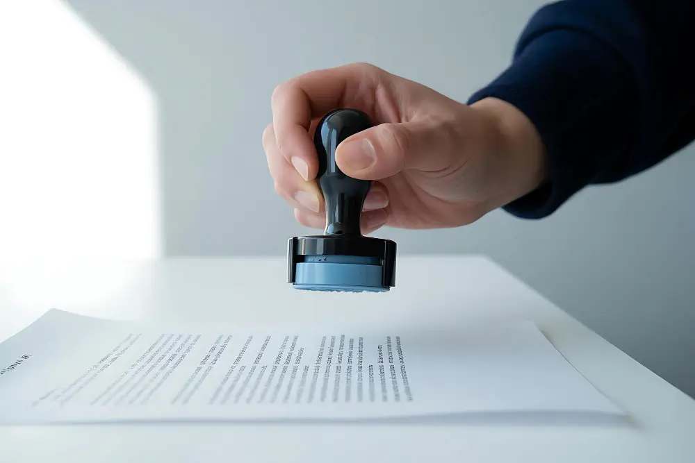Sworn translator applying an official stamp and signature to a translation
